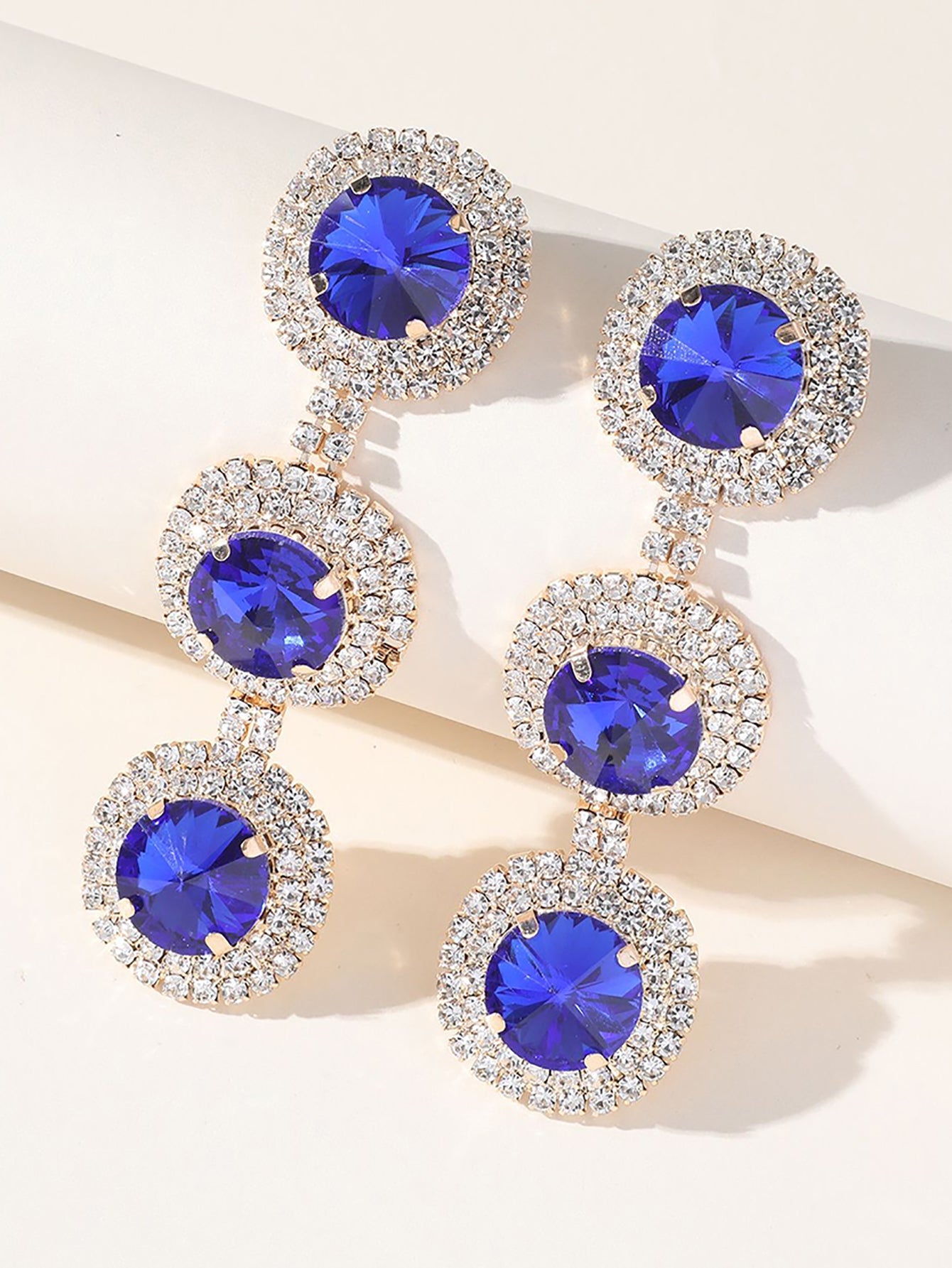 Royal Blue Rhinestones Long Round Earrings Fuchsia / One Size
